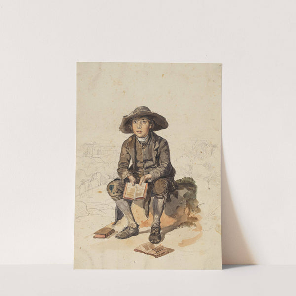 Junge mit breitkrempiger Kopfbedeckung, vor einer Landschaft sitzend und ein aufgeschlagenes Buch haltend by Johann Baptist Kirner