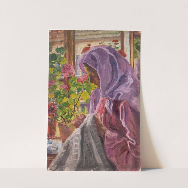 Junge Näherin am Blumenfenster by Izsák Perlmutter