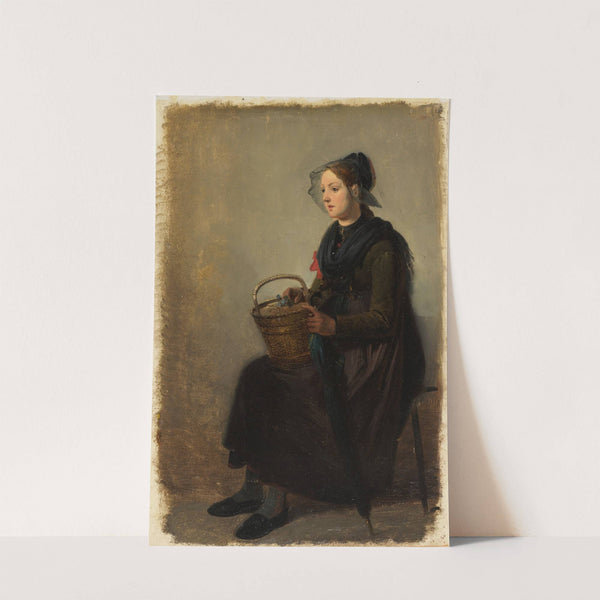 Junges Mädchen in Kinzigtäler Tracht mit Henkelkorb und Regenschirm by Johann Baptist Kirner