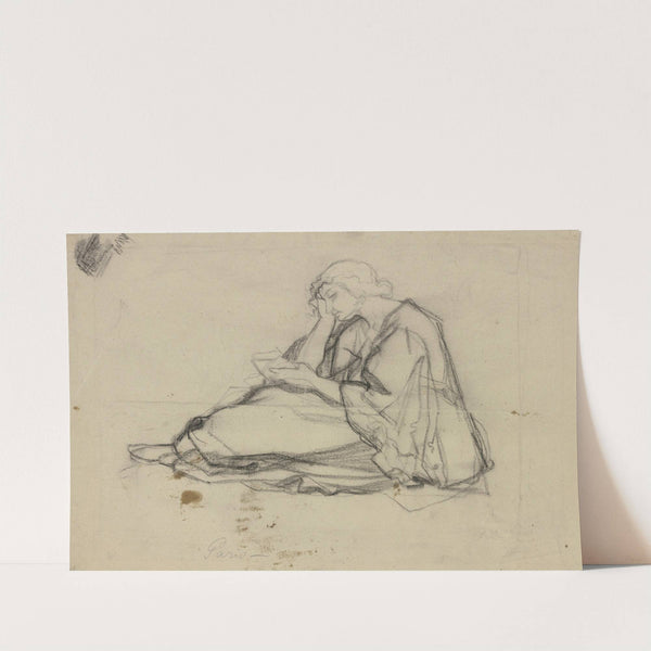 Junges Mädchen mit einem Buch am Boden sitzend, den Kopf in die Rechte gestützt by Victor Müller