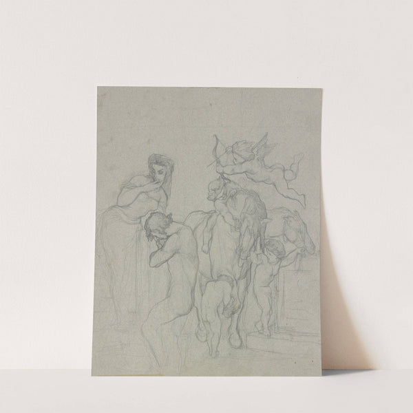 Junges Paar, rechts von ihm führen eine Gruppe Amoretten zwei Pferde zur Tränke by Victor Müller