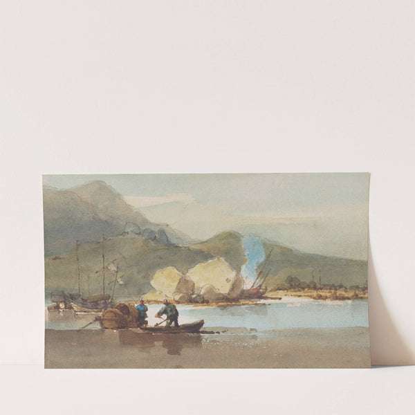 Junks and Tanka boats in a bay, with a beached junk and cooking fire beyond by George Chinnery