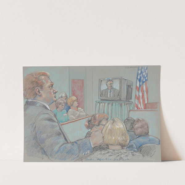 Jury and others watching videotaped deposition of Bill Clinton during fraud and conspiracy trial of James McDougal, which was part of the Whitewater Inquiry by Brigitte Woosley