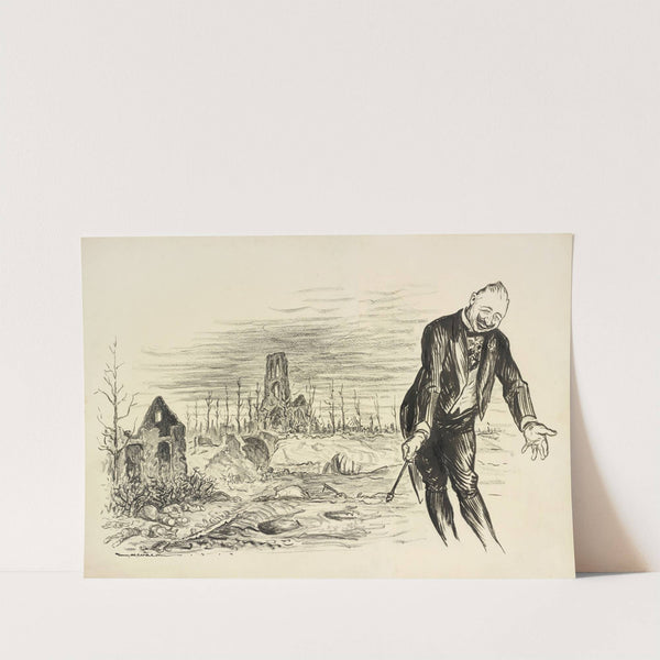 Kaiser Wilhelm II bows, smiling, before the ruins of a city. (1915) by William Henry Walker