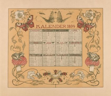 Kalender van het jaar 1899, met bloemen, insecten en kikkers.