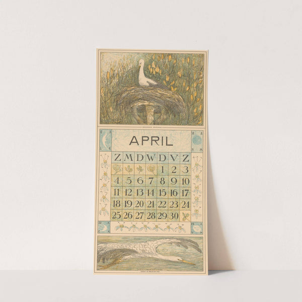 Kalenderblad april met ooievaar op het nest by Theo van Hoytema