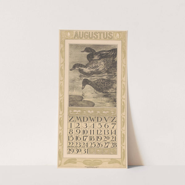 Kalenderblad augustus met drie zwemmende eenden by Theo van Hoytema