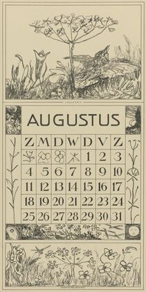 Kalenderblad augustus met leeuwerik en bloem