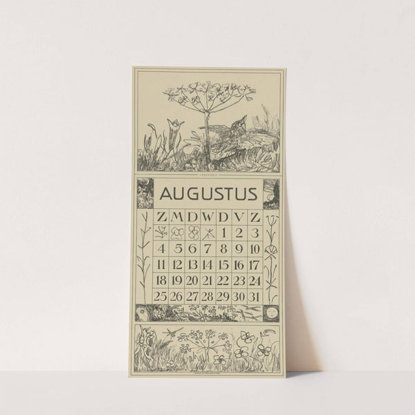 Kalenderblad augustus met leeuwerik en bloem by Theo van Hoytema