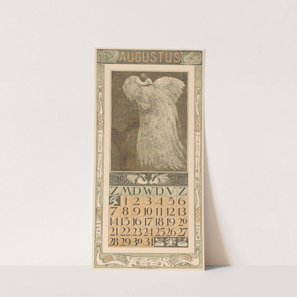 Kalenderblad augustus met witte pauw by Theo van Hoytema