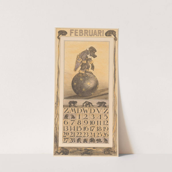 Kalenderblad februari met aap op een bal by Theo van Hoytema