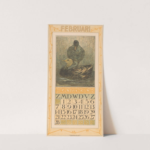 Kalenderblad februari met staande en zwemmende eend by Theo van Hoytema