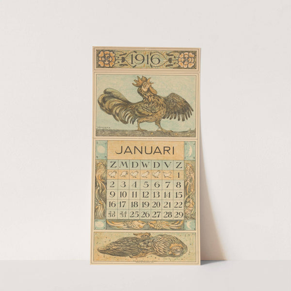 Kalenderblad januari met kraaiende haan by Theo van Hoytema
