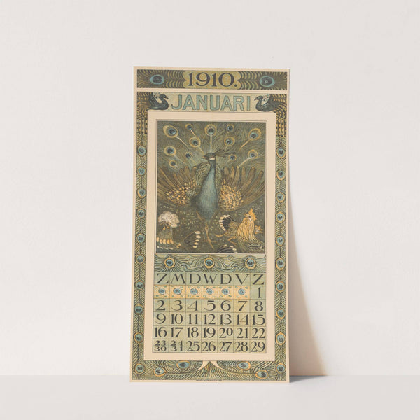 Kalenderblad januari met pauw en kippen by Theo van Hoytema