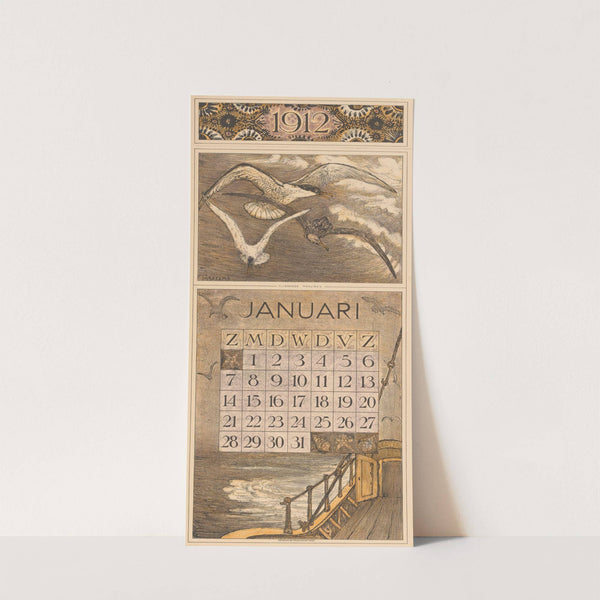 Kalenderblad januari met schip en meeuwen by Theo van Hoytema