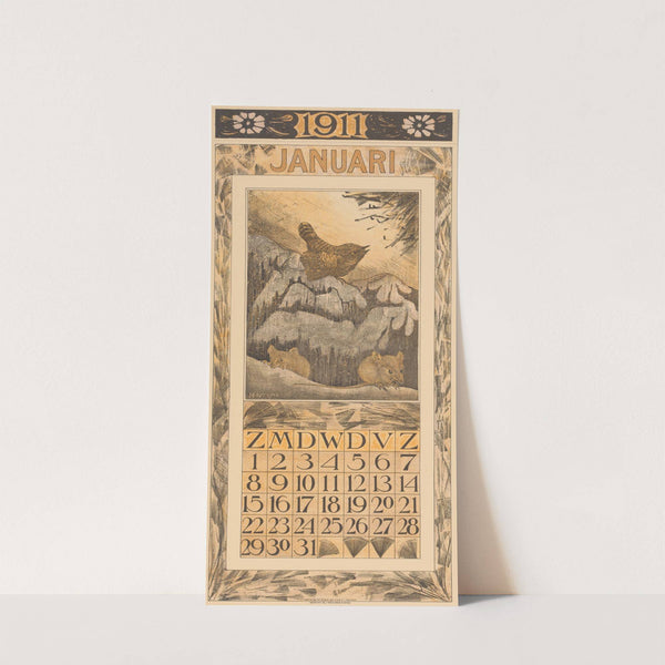 Kalenderblad januari met winterkoninkje en muizen by Theo van Hoytema