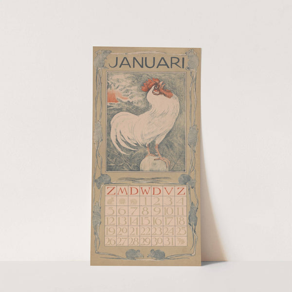 Kalenderblad januari met witte haan by Theo van Hoytema