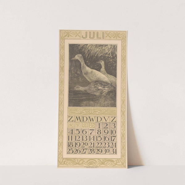 Kalenderblad juli met drie eenden aan de waterkant (1908) by Theo van Hoytema