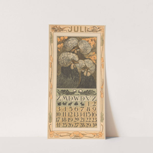 Kalenderblad juli met drie kuifkippen by Theo van Hoytema
