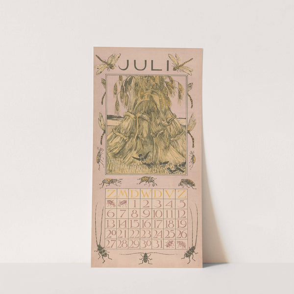 Kalenderblad juli met korenschoven by Theo van Hoytema