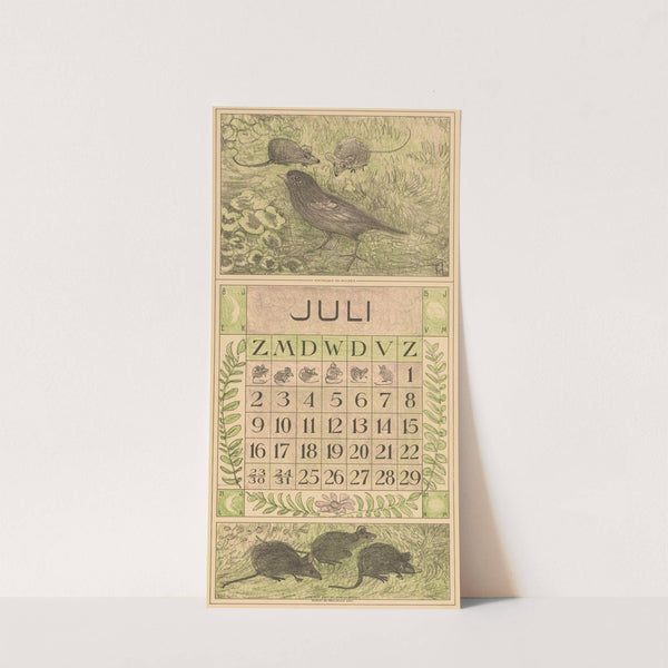 Kalenderblad juli met vogel en muizen by Theo van Hoytema