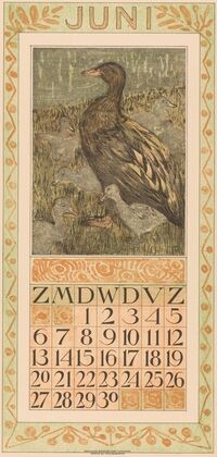 Kalenderblad juni met eend met kuikens