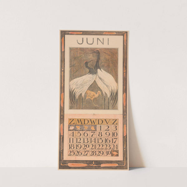 Kalenderblad juni met twee vogels en een kuiken by Theo van Hoytema