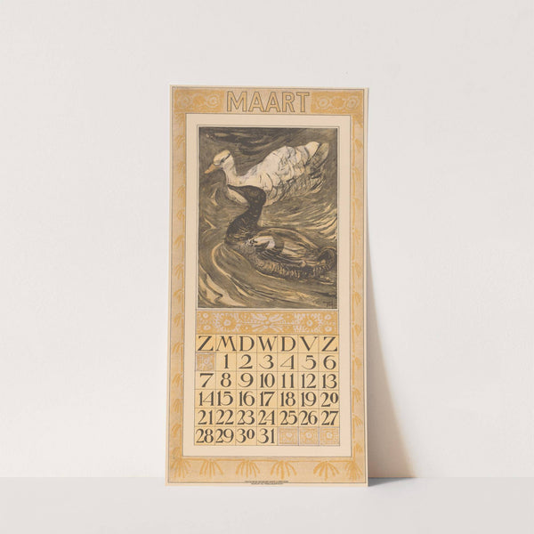 Kalenderblad maart met een zwarte en een witte eend by Theo van Hoytema