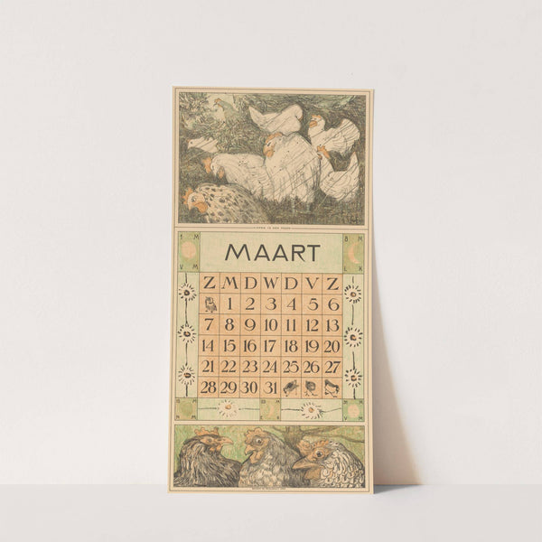 Kalenderblad maart met kippen in de regen by Theo van Hoytema
