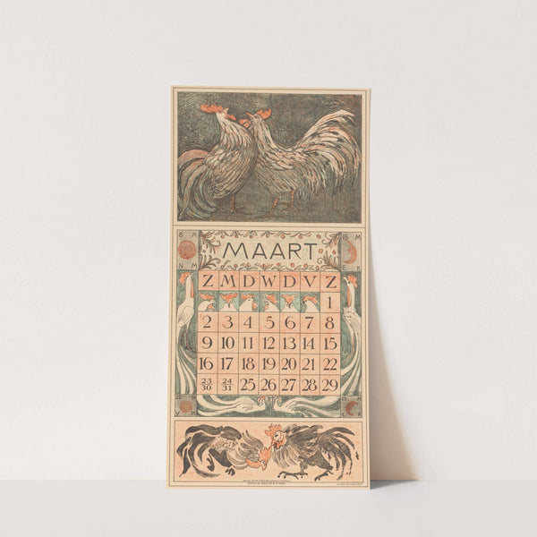 Kalenderblad maart met twee hanen (1912) by Theo van Hoytema