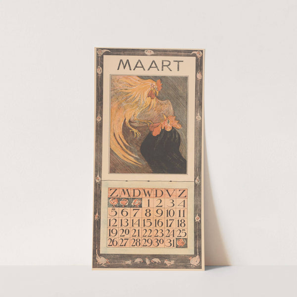 Kalenderblad maart met twee hanen by Theo van Hoytema