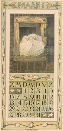 Kalenderblad maart met twee witte duiven