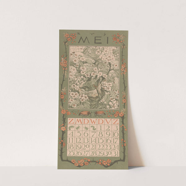 Kalenderblad mei met vogel tussen bloesem by Theo van Hoytema