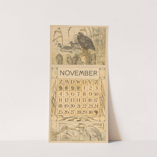 Kalenderblad november met meerkoet op een paal by Theo van Hoytema