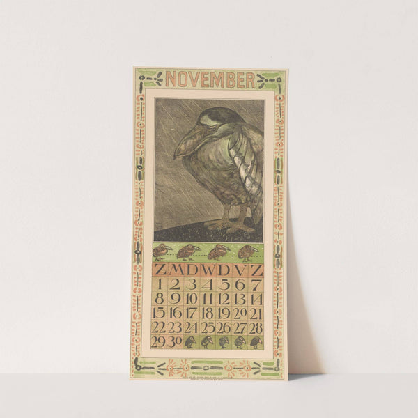 Kalenderblad november met vogel in de regen by Theo van Hoytema