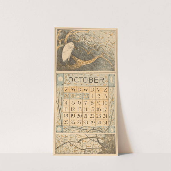 Kalenderblad oktober met reiger in de regen by Theo van Hoytema