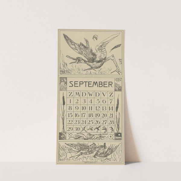 Kalenderblad september met aangeschoten vogel by Theo van Hoytema