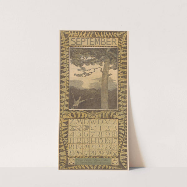 Kalenderblad september met boom en valk by Theo van Hoytema