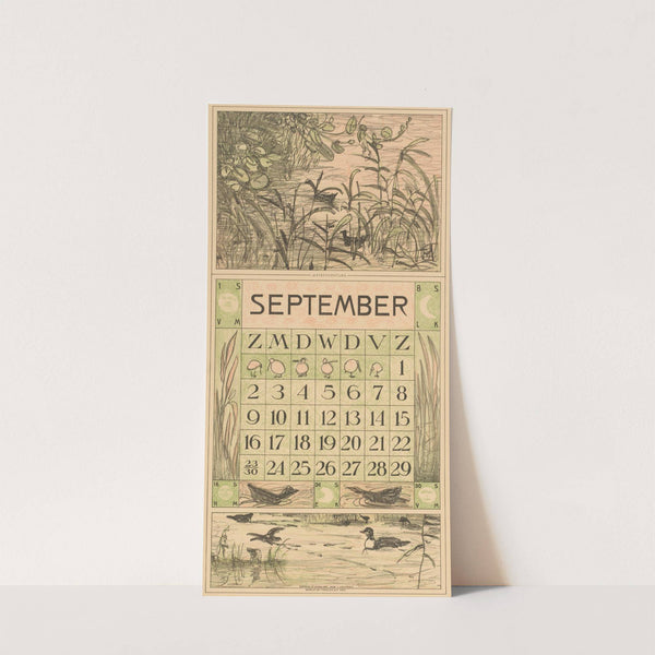 Kalenderblad september met watervogels tussen het riet by Theo van Hoytema