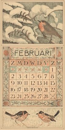 Kalenderblad voor februari 1913 met een roodborstje op een besneeuwde boomtak