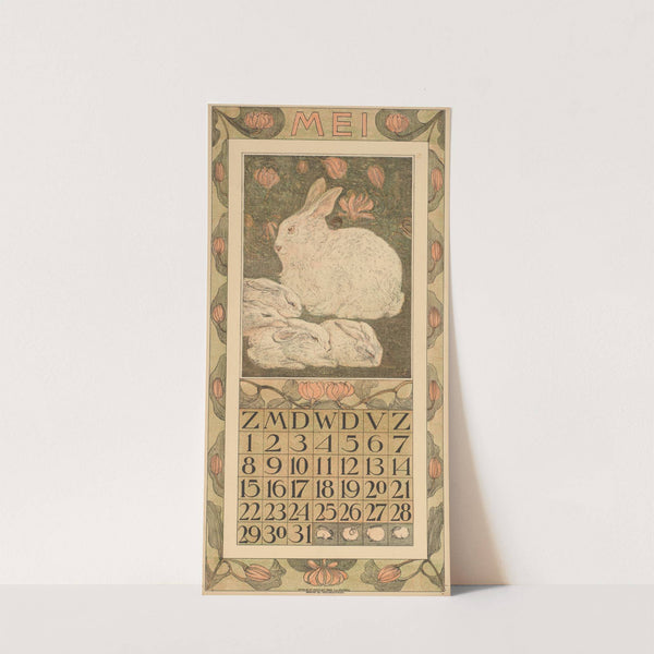 Kalenderblad voor mei 1910 met een wit konijn met vier jongen by Theo van Hoytema