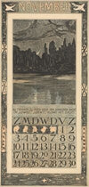 Kalenderblad voor november 1907 met trekvogels in een nachtlandschap