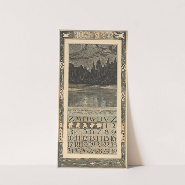 Kalenderblad voor november 1907 met trekvogels in een nachtlandschap by Theo van Hoytema