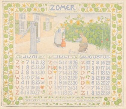 Kalenderblad voor zomer 1904 van de Verzekering-Maatschappij Holda in Amsterdam