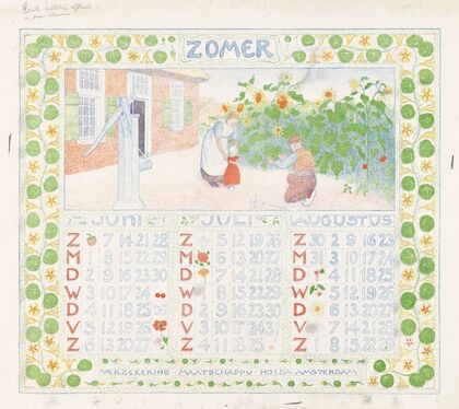 Kalenderblad voor zomer 1904 van de Verzekering-Maatschappij Holda in Amsterdam
