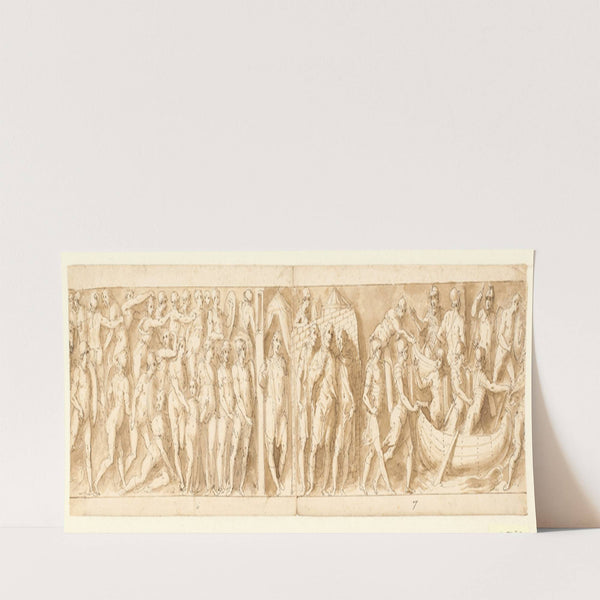 Kamp mellem romere og sarmatere; Marcus Aurelius taler med to ledsagere uden for lejren; indskibning og passage by Giovanni Guerra