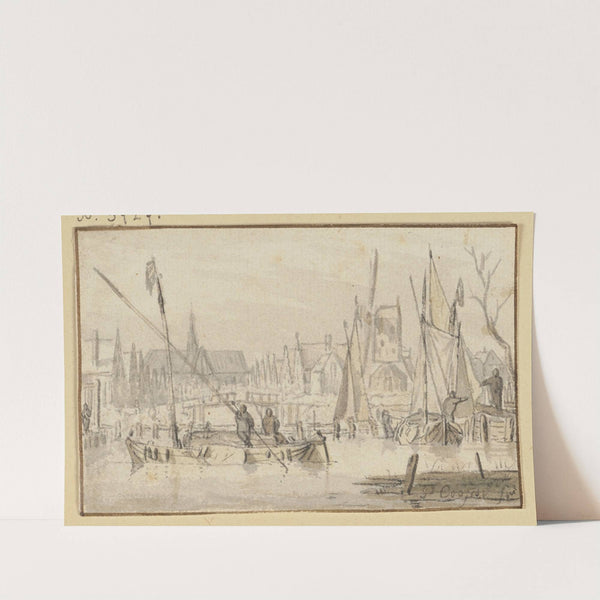 Kanal bei einer Stadt mit Schiffen belebt by Pieter Coopse