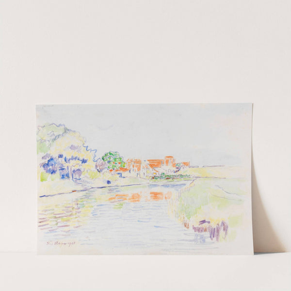 Kanal zwischen Wäldchen und Wiesen vor einem Dorf mit roten Dächern by Paul Baum