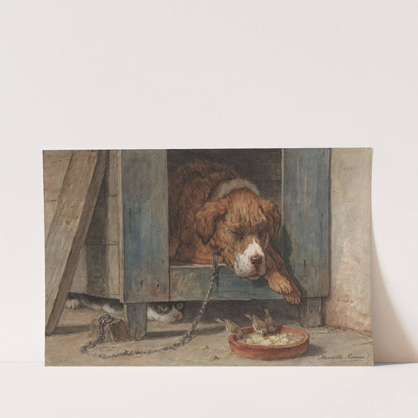 Kat bespiedt vogels bij een slapende hond by Henriëtte Ronner-Knip