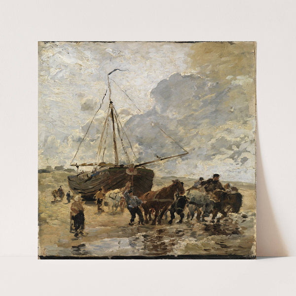 Katwijker Fischer ziehen einen Bom aus dem Schuitengat ins Wasser (1888) by Hermann Baisch